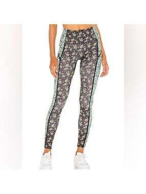 Free People Movement Black Floral High-Rise Leggings with Mint Side Panels